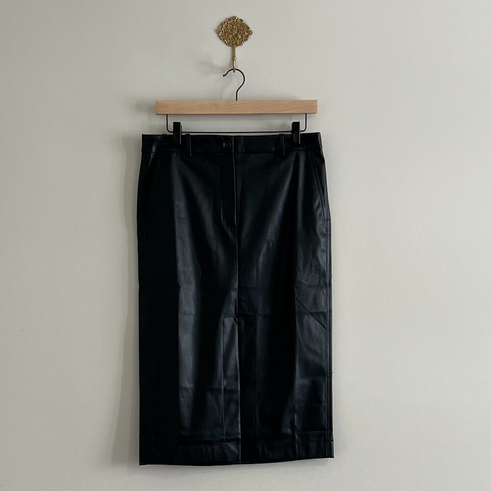 NWT J.Crew Black Faux Leather Pencil Skirt Size 8 Midi Slit High Waist